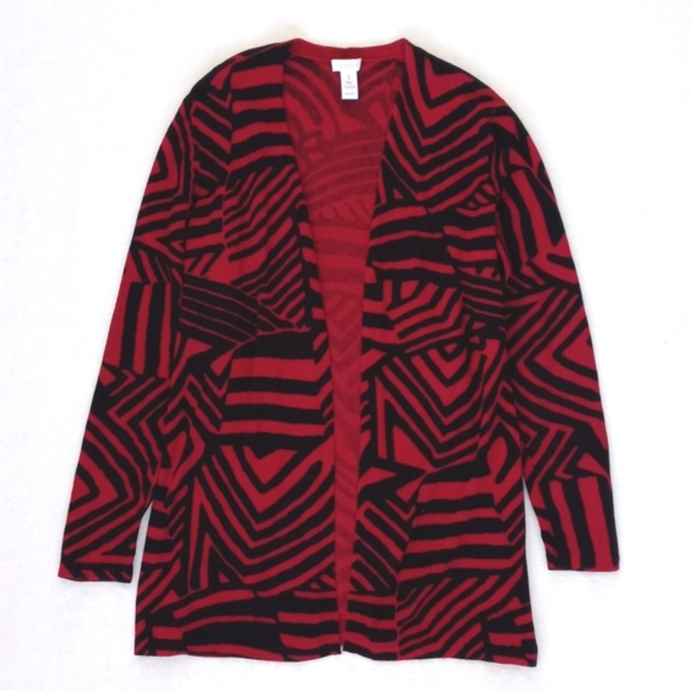 Chico's Rayon Nylon Blend Red Black Zebra Abstract Motif Open Cardigan 1 (Small)